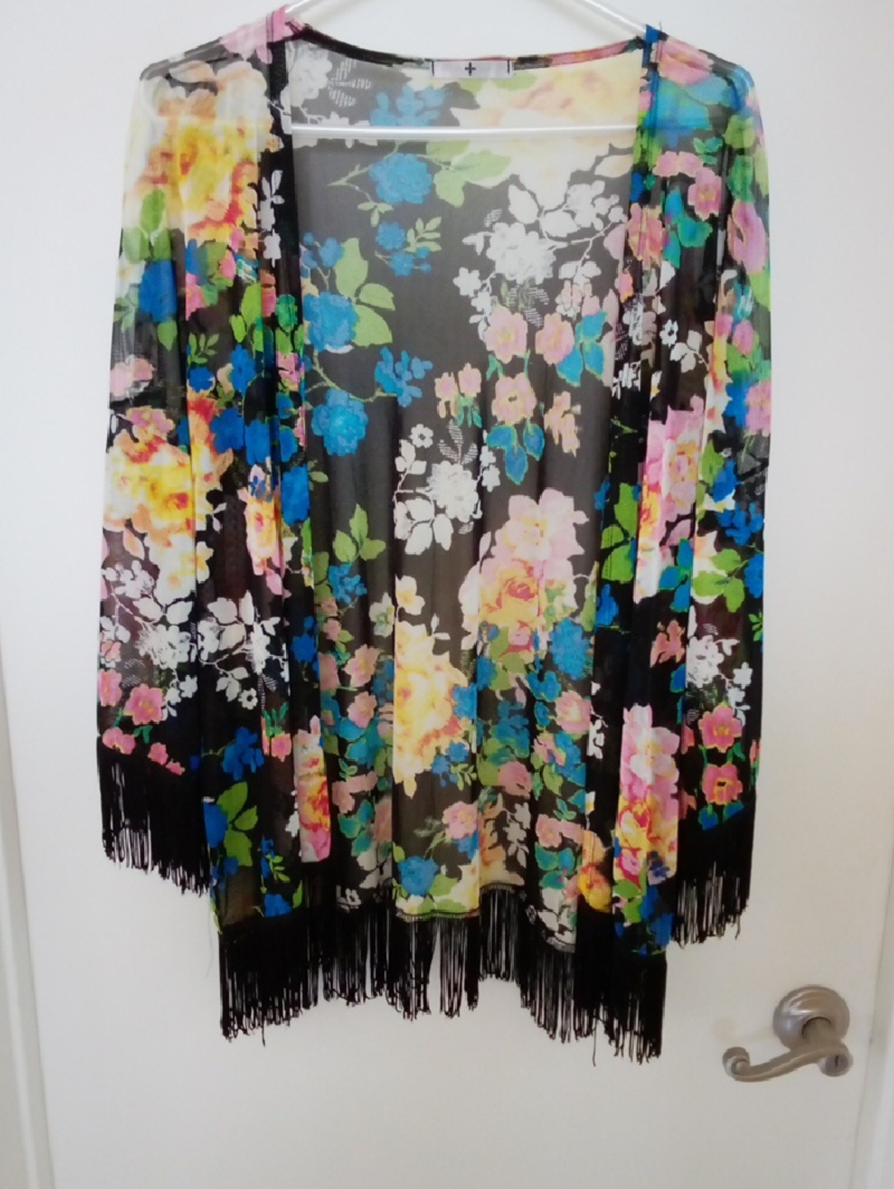Blu Planet Black Floral Sheer Fringe Kimono
